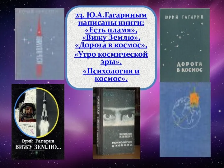 23. Ю.А.Гагариным написаны книги: «Есть пламя», «Вижу Землю», «Дорога в космос»,