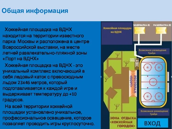 Общая информация Хоккейная площадка на ВДНХ находится на территории известного парка