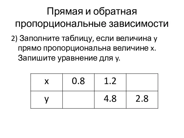 Прямая и обратная пропорциональные зависимости 2) Заполните таблицу, если величина y
