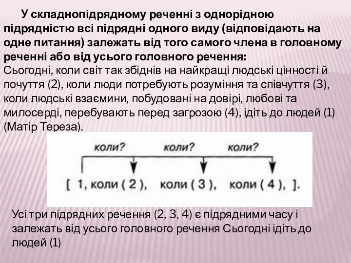 У складнопідрядному реченні з однорідною підрядністю всі підрядні одного виду (відповідають