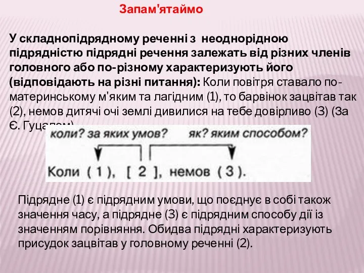 Запам'ятаймо У складнопідрядному реченні з неоднорідною підрядністю підрядні речення залежать від