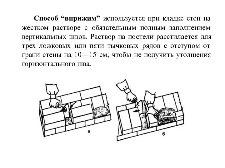 Способ “вприжим” используется при кладке стен на жестком растворе с обязательным