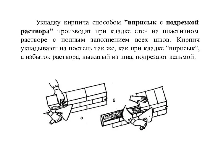 Укладку кирпича способом ”вприсык с подрезкой раствора” производят при кладке стен