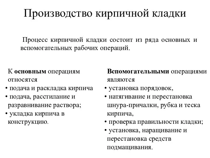 Производство кирпичной кладки Процесс кирпичной кладки состоит из ряда основных и