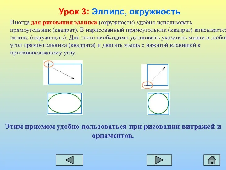 Иногда для рисования эллипса (окружности) удобно использовать прямоугольник (квадрат). В нарисованный