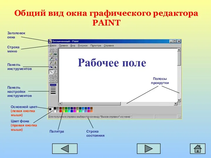 Общий вид окна графического редактора PAINT Рабочее поле Полосы прокрутки Основной