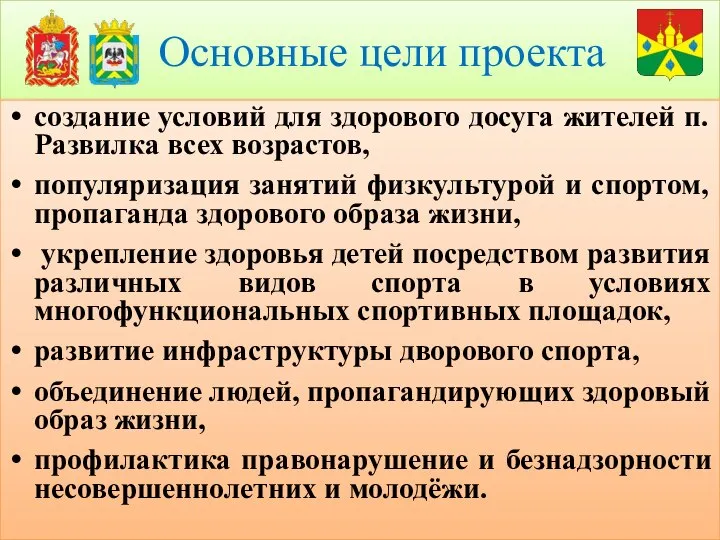 Основные цели проекта создание условий для здорового досуга жителей п.Развилка всех