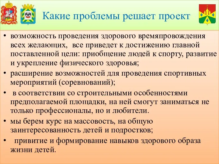 Какие проблемы решает проект возможность проведения здорового времяпровождения всех желающих, все