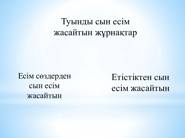 Туынды сын есім жасайтын жұрнақтар Есім сөздерден сын есім жасайтын Етістіктен сын есім жасайтын