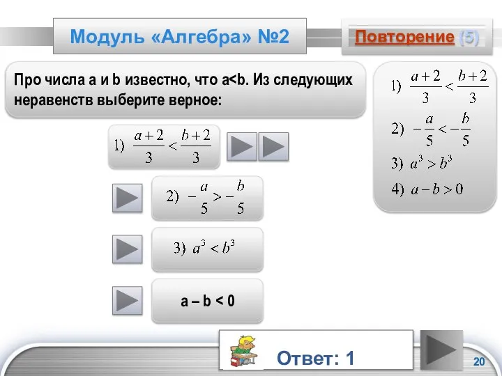 Модуль «Алгебра» №2 Повторение (5) Про числа а и b известно,