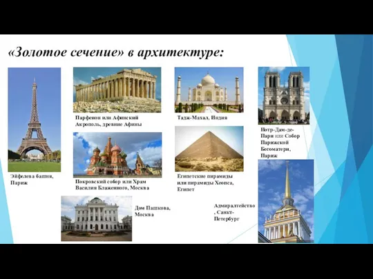 «Золотое сечение» в архитектуре: Эйфелева башня, Париж Египетские пирамиды или пирамиды