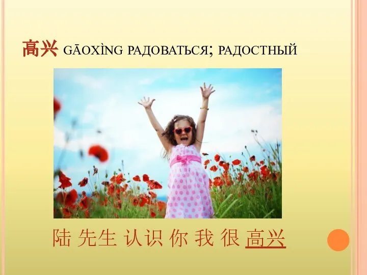 高兴 gāoxìng радоваться; радостный 陆 先生 认识 你 我 很 高兴