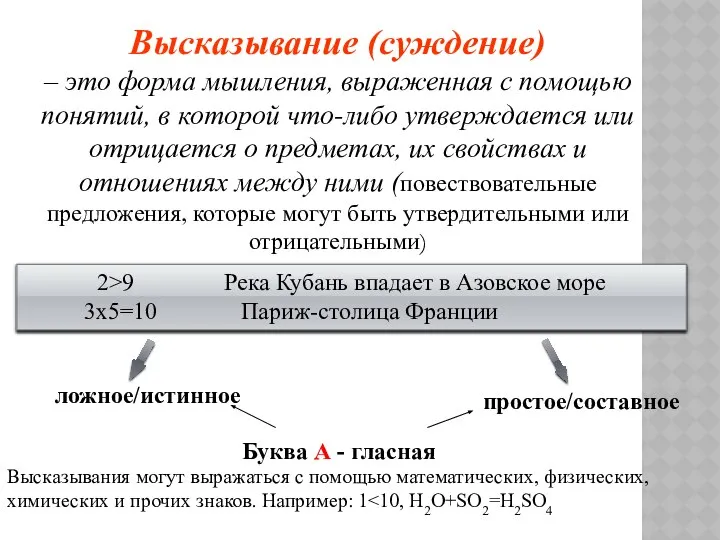 Высказывание (суждение) – это форма мышления, выраженная с помощью понятий, в