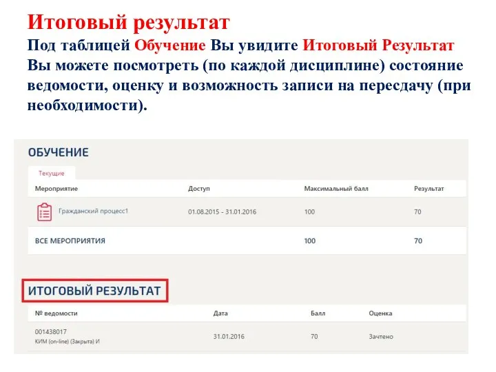 Итоговый результат Под таблицей Обучение Вы увидите Итоговый Результат Вы можете