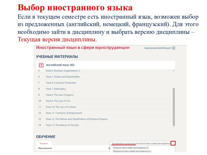 Выбор иностранного языка Если в текущем семестре есть иностранный язык, возможен