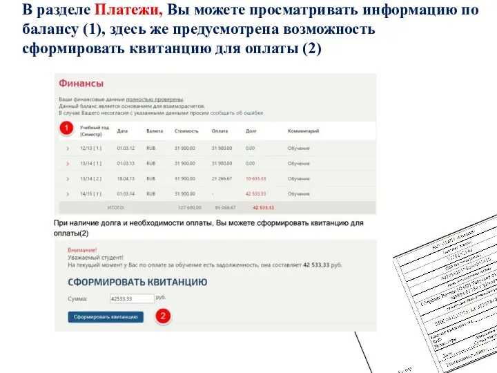 В разделе Платежи, Вы можете просматривать информацию по балансу (1), здесь