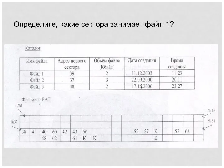 Определите, какие сектора занимает файл 1?