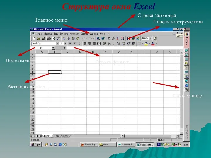 Структура окна Excel Главное меню Рабочее поле Панели инструментов Строка заголовка