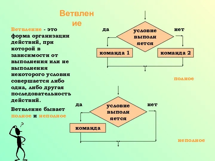 Ветвление Ветвление - это форма организации действий, при которой в зависимости