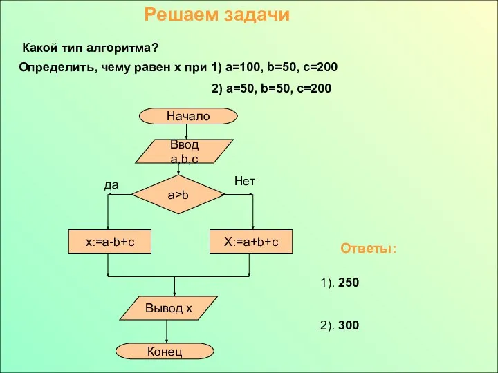 Определить, чему равен х при 1) a=100, b=50, c=200 2) a=50,