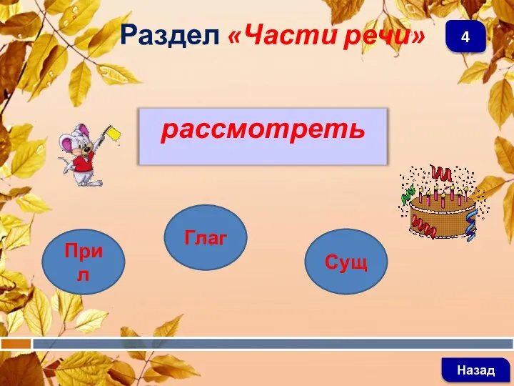 рассмотреть Раздел «Части речи» Назад 4 Прил Глаг Сущ