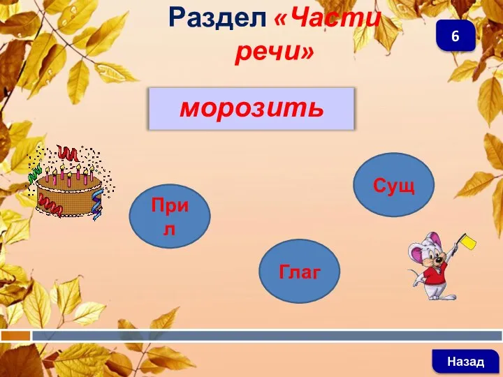 Раздел «Части речи» Назад 6 Прил Глаг Сущ морозить