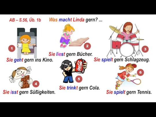 Was macht Linda gern? ... Sie geht gern ins Kino. AB