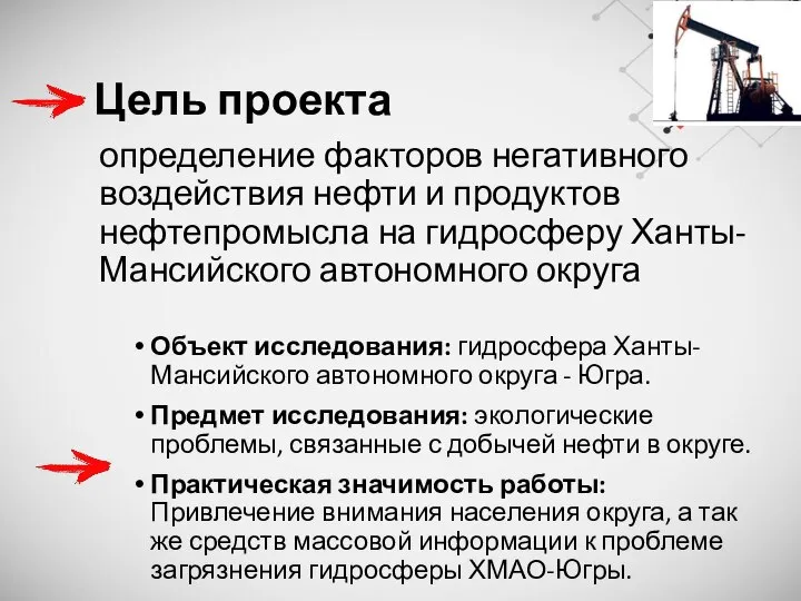 Цель проекта Объект исследования: гидросфера Ханты-Мансийского автономного округа - Югра. Предмет