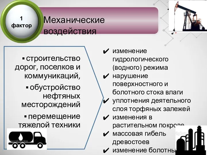 Механические воздействия строительство дорог, поселков и коммуникаций, обустройство нефтяных месторождений перемещение