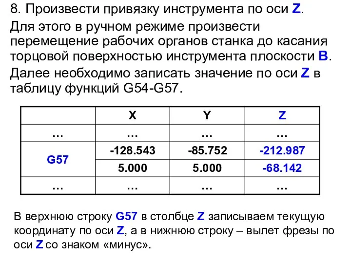 8. Произвести привязку инструмента по оси Z. Для этого в ручном