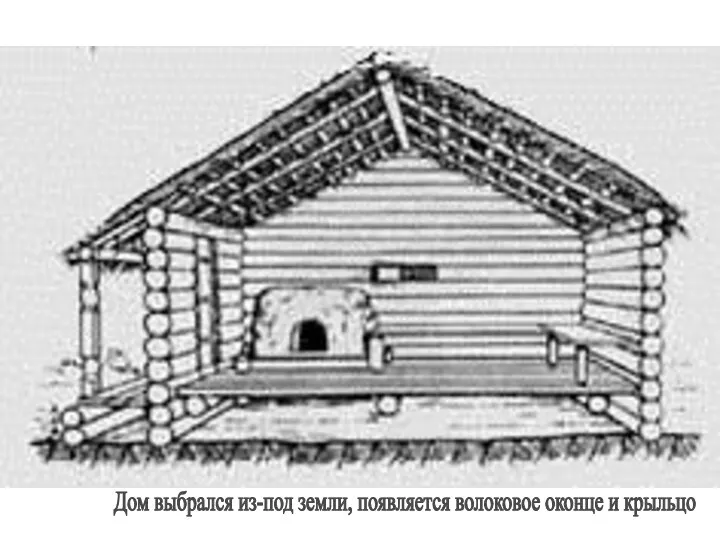 Дом выбрался из-под земли, появляется волоковое оконце и крыльцо