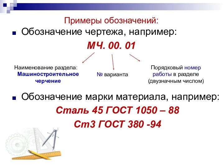 Примеры обозначений: Обозначение чертежа, например: МЧ. 00. 01 Наименование раздела: Машиностроительное