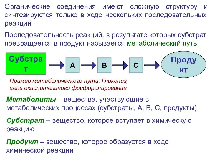 Метаболиты – вещества, участвующие в метаболических процессах (субстраты, А, В, С,