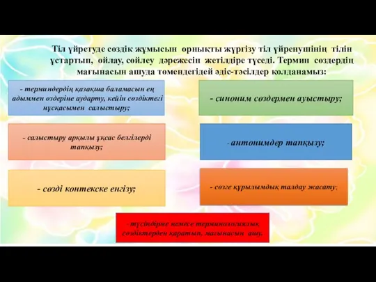 Тіл үйретуде сөздік жұмысын орнықты жүргізу тіл үйренушінің тілін ұстартып, ойлау,