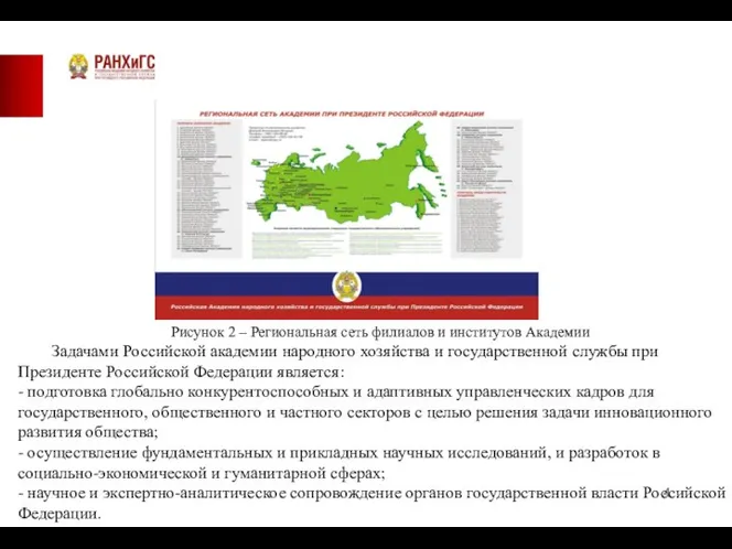 Рисунок 2 – Региональная сеть филиалов и институтов Академии Задачами Российской