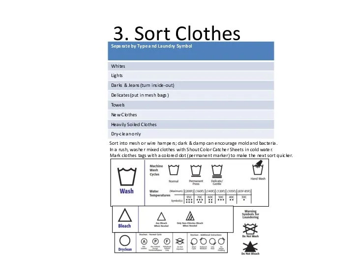 3. Sort Clothes Sort into mesh or wire hampers; dark &