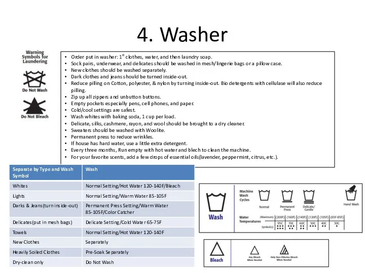 4. Washer Order put in washer: 1st clothes, water, and then