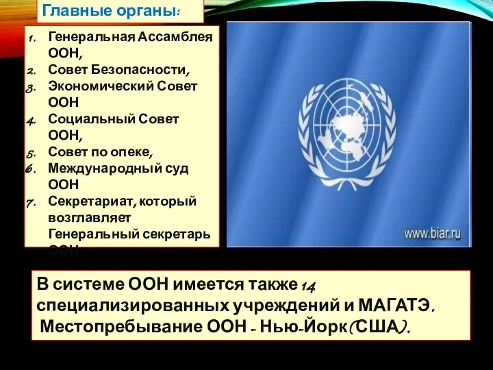 Генеральная Ассамблея ООН, Совет Безопасности, Экономический Совет ООН Социальный Совет ООН,