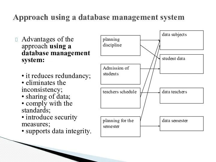 Approach using a database management system Advantages of the approach using