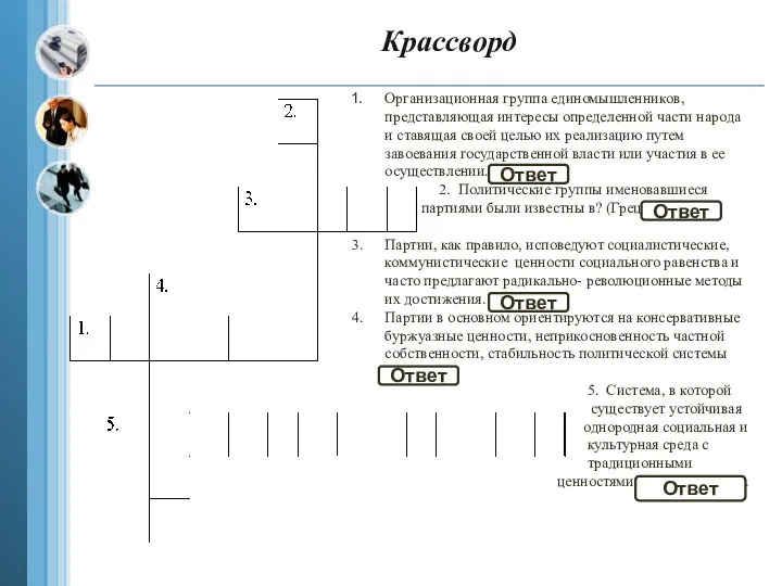 Крассворд Организационная группа единомышленников, представляющая интересы определенной части народа и ставящая