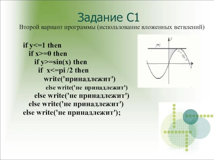 Задание С1 Второй вариант программы (использование вложенных ветвлений) if y if