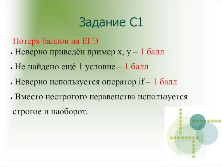 Задание С1 Потеря баллов на ЕГЭ Неверно приведён пример x, y