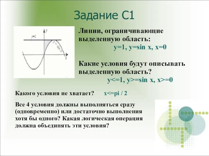 Задание С1 Линии, ограничивающие выделенную область: y=1, y=sin x, x=0 Какие