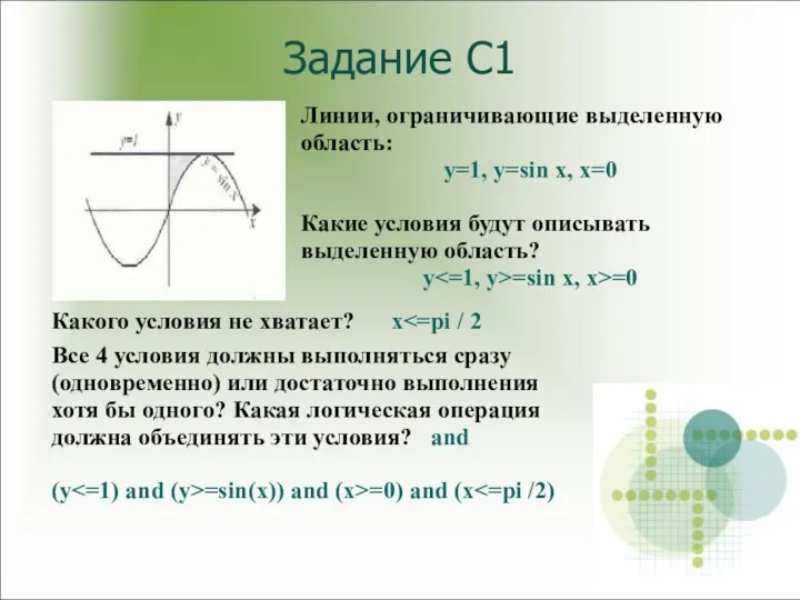 Задание С1 Линии, ограничивающие выделенную область: y=1, y=sin x, x=0 Какие