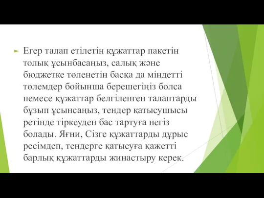 Егер талап етілетін құжаттар пакетін толық ұсынбасаңыз, салық жəне бюджетке төленетін