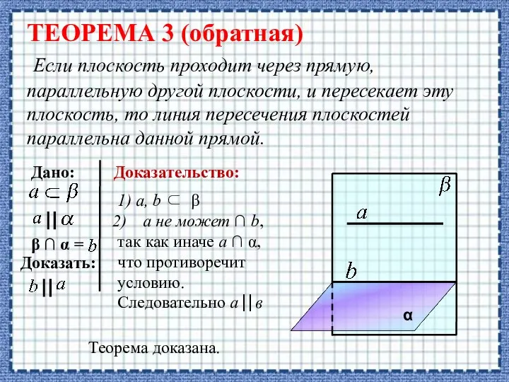 ТЕОРЕМА 3 (обратная) Если плоскость проходит через прямую, параллельную другой плоскости,