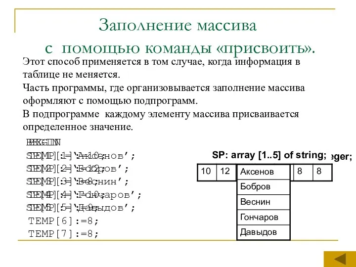 Заполнение массива с помощью команды «присвоить». Этот способ применяется в том