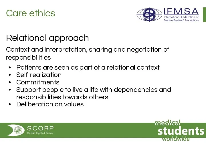 Care ethics Relational approach Context and interpretation, sharing and negotiation of