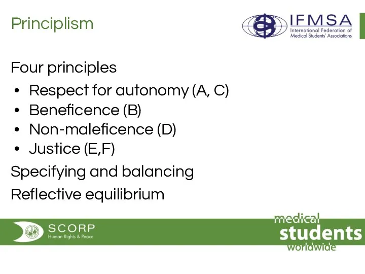 Principlism Four principles Respect for autonomy (A, C) Beneficence (B) Non-maleficence