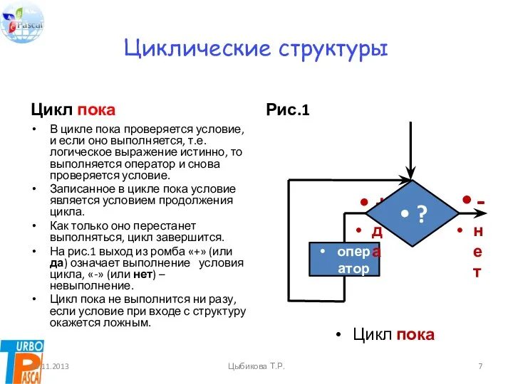 Циклические структуры Цикл пока В цикле пока проверяется условие, и если